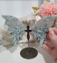 Load image into Gallery viewer, Moss Agate Butterfly Wings Crystal Carving Stone on Stand.

INSPRIES GROUNDING AND CONNECTION TO EARTH

Beautiful Moss Agate Stone Butterfly Wings Crystal Carving Stone on stand. Such lovely patterns.     
