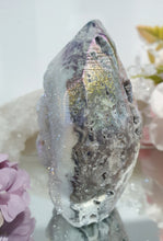 Load image into Gallery viewer, Titanium Aura Sphalerite Flame Tower Druzy Crystal Cluster

PROMOTES PSYCHIC DEVELOPMENT AND UPLIFTS

Titanium Aura Sphalerite Crystal Flame Crystal Cluster.  The Druzy is lovely on the flame!. 

