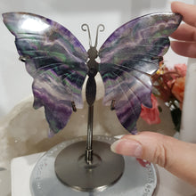 Load image into Gallery viewer, Butterfly Wings on Stand Fluorite Crystal carving gemstone stone 130mm 8 GORGEOUS EARTH INCLUSIONS
