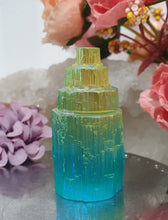 Load image into Gallery viewer, Lovely blue green coloured (dyed) Selenite tower. Aids in cleansing and brings calm. 
