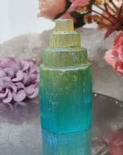 Load image into Gallery viewer, Lovely blue green coloured (dyed) Selenite tower. Aids in cleansing and brings calm. 
