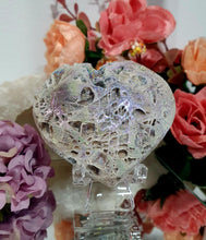 Load image into Gallery viewer, Gorgeous Titanium Aura Sphalerite Heart Crystal Carving Stone on plastic Stand. Aids in psychic energy, Uplifts and balances
