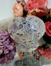 Load image into Gallery viewer, Gorgeous Titanium Aura Sphalerite Heart Crystal Carving Stone on plastic Stand. Aids in psychic energy, Uplifts and balances
