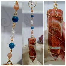 Load image into Gallery viewer, Beautiful Sunstone crystal tower beaded with apatite, sunstone and quartz suncatcher. inspires courage, joy and knowledge. Beautiful gift for any crystal lover. Hang in your room or space. 
