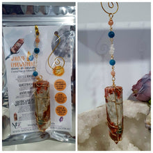 Load image into Gallery viewer, Beautiful Sunstone crystal tower beaded with apatite, sunstone and quartz suncatcher. inspires courage, joy and knowledge. Beautiful gift for any crystal lover. Hang in your room or space. 

