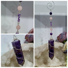 Load image into Gallery viewer, Crystal Suncatchers - WAND OF INSIGHT - Handcrafted Amethyst Tower Point Stone Silver Crystal Energy Enhancer© Hanger Ornament Suncatcher.  Beaded with Amethyst and rose quartz. Inspires insight and spiritality
