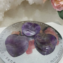 Load image into Gallery viewer, Gorgeous Amethyst Heart Worry Stone Crystal Carving Stone. Spiritual growth and intuition. Place in your pocket or bag to relieve stress and anxiety. 

