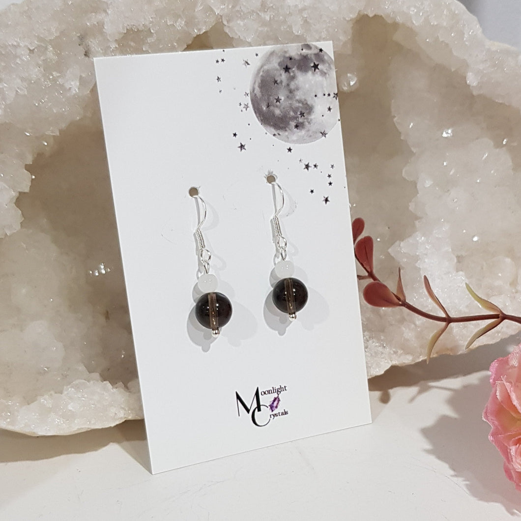 Smokey Quartz & Quartz Crystal bead silver 8mm Earrings Gemstone E2