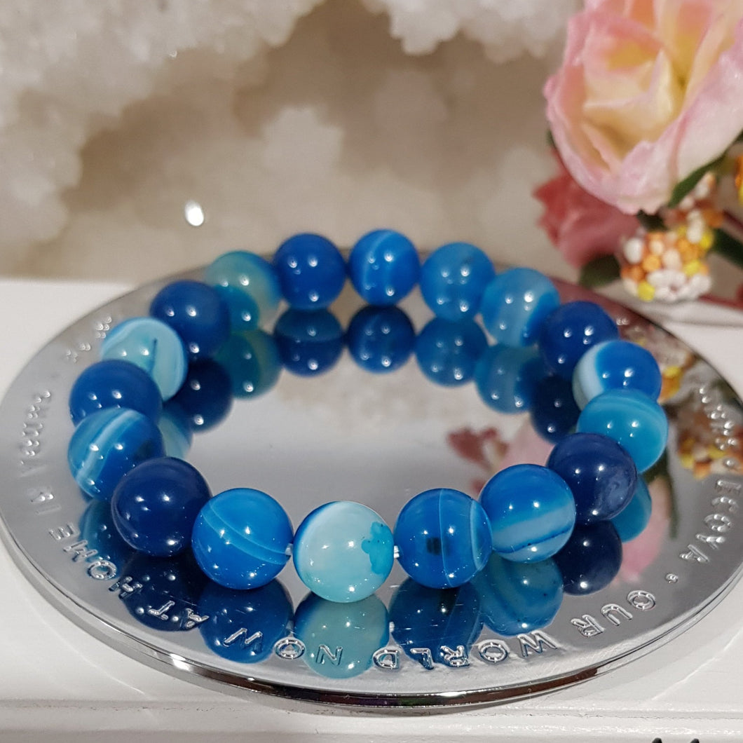 Blue Agate 10mm crystal Beaded Bracelet gemstone 7 inch B2