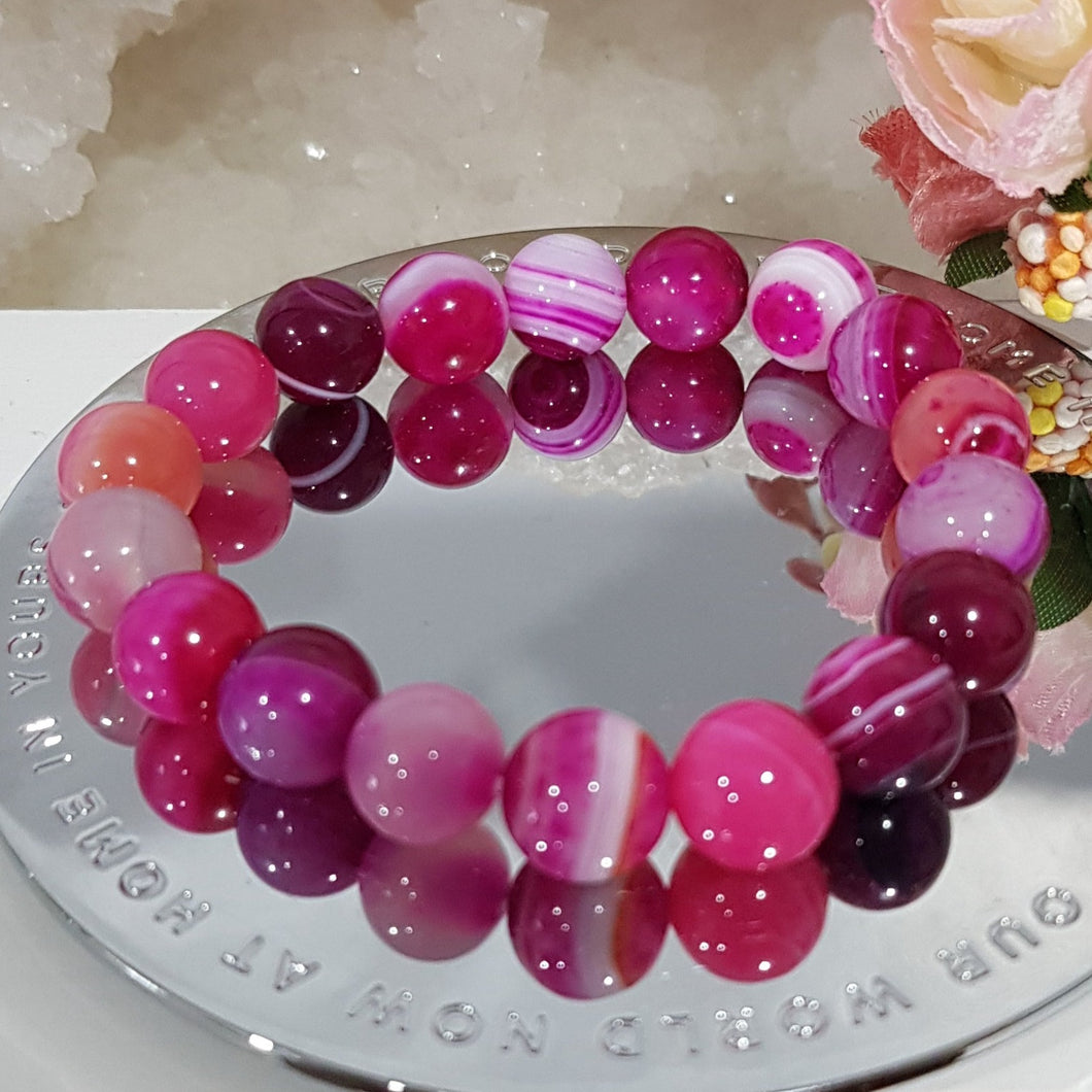 Pink Agate Crystal 10mm Beaded Bracelet Gemstone 7 inch B1