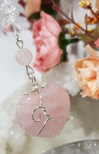 Load image into Gallery viewer, LOVE / HARMONY / SPIRITUAL AWARENESS - Rose Quartz Crystal Heart Silver Wired Stone Energy Enhancer / Hanger / Sun Catcher 200mm EE24
