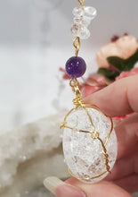 Load image into Gallery viewer, INTUITION / SPIRITUALITY / REJUVENATION - Crackle Quartz Crystal Gold Wired Energy Enhancer / Hanger / Sun Catcher 170mm EE43
