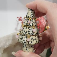 Load image into Gallery viewer, Christmas Tree Kiwi Jasper crystal carving wired with crystal beads 70mm gold 1
