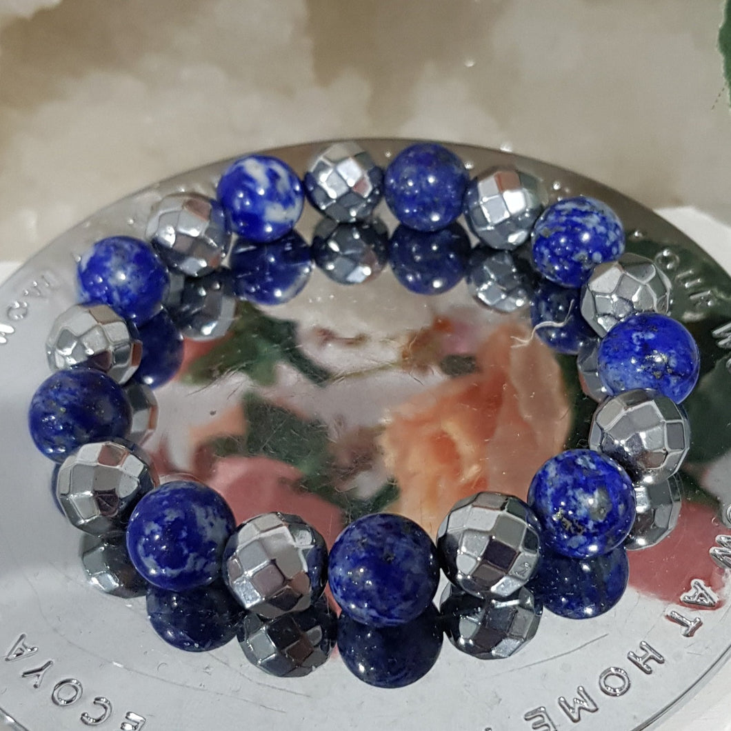 Lapis Lazuli & Hematite Crystal 10mm Beaded Bracelet Gemstone 7 inch B37