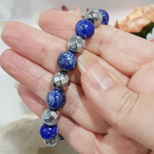 Load image into Gallery viewer, Lapis Lazuli &amp; Hematite Crystal 10mm Beaded Bracelet Gemstone 7 inch B37
