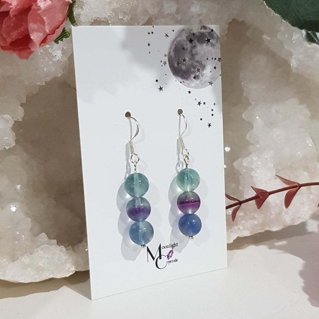 Fluorite crystal beaded silver Earrings 8mm E14