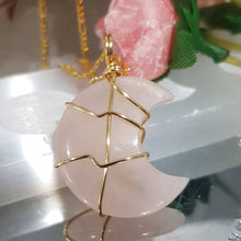 Load image into Gallery viewer, Rose Quartz crystal moon pendant gold wired (chain NOT included)  P24
