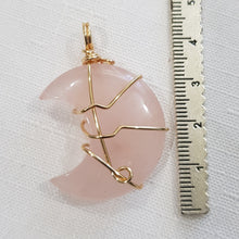 Load image into Gallery viewer, Rose Quartz crystal moon pendant gold wired (chain NOT included)  P24
