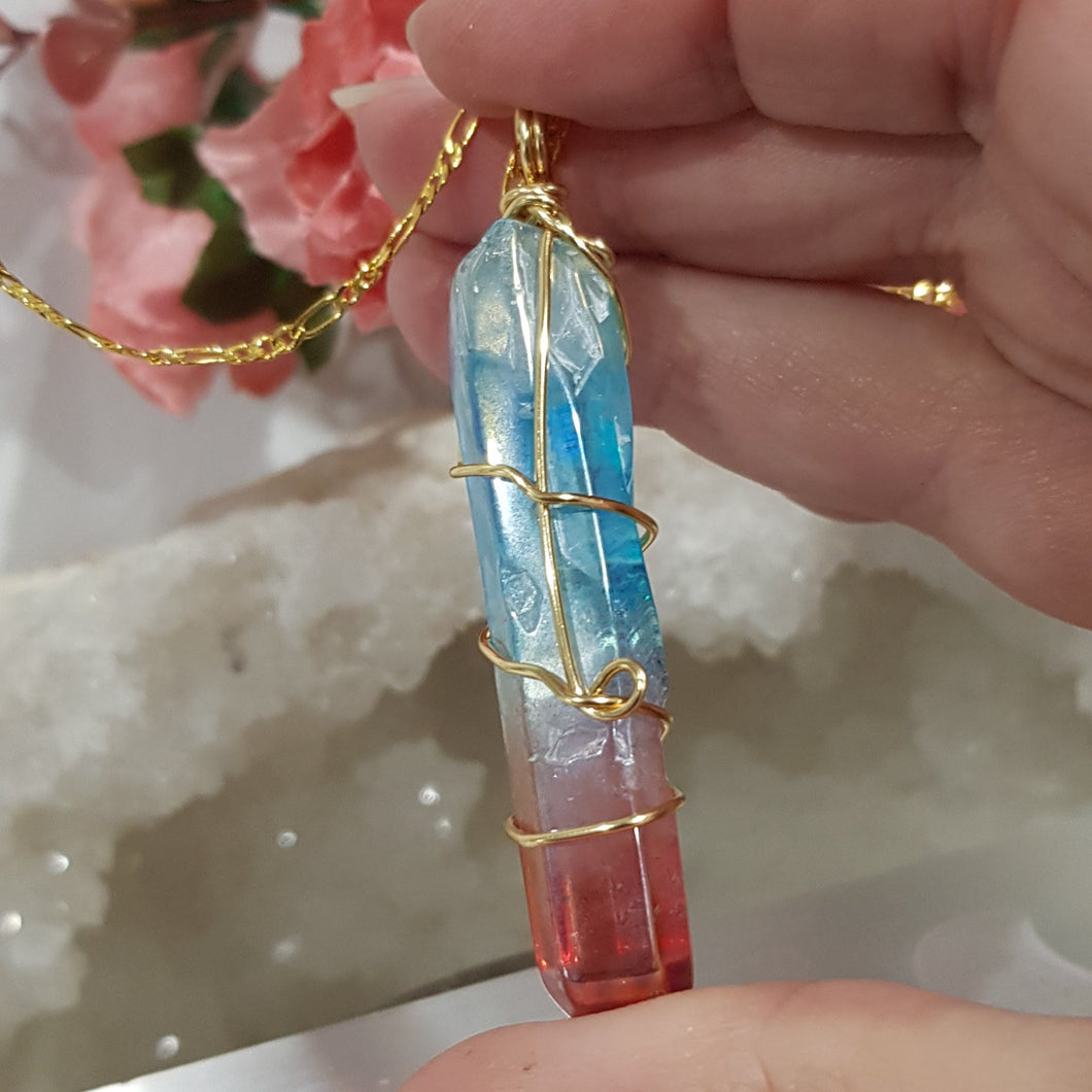 Rainbow Aura Quartz pendant gold wired 66mm ( chain not included) P29