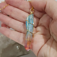 Load image into Gallery viewer, Rainbow Aura Quartz pendant gold wired 66mm ( chain not included) P29
