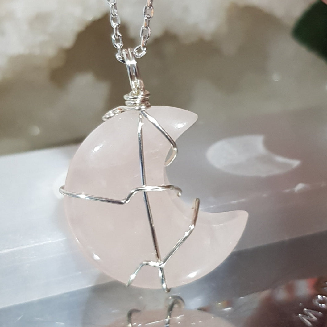 Rose Quartz crescent moon crystal pendant silver wire wrapped 40mm (chain NOT included)  P53