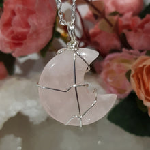 Load image into Gallery viewer, Rose Quartz crescent moon crystal pendant silver wire wrapped 40mm (chain NOT included)  P53
