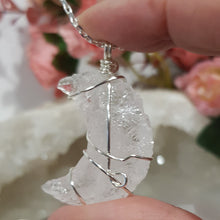 Load image into Gallery viewer, Crackle Quartz crescent Moon pendant silver wire wrapped 40mm ( chain not included) P54
