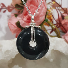 Load image into Gallery viewer, Black Obsidian crystal donut pendant silver wire wrapped 38mm (chain NOT included)  P62
