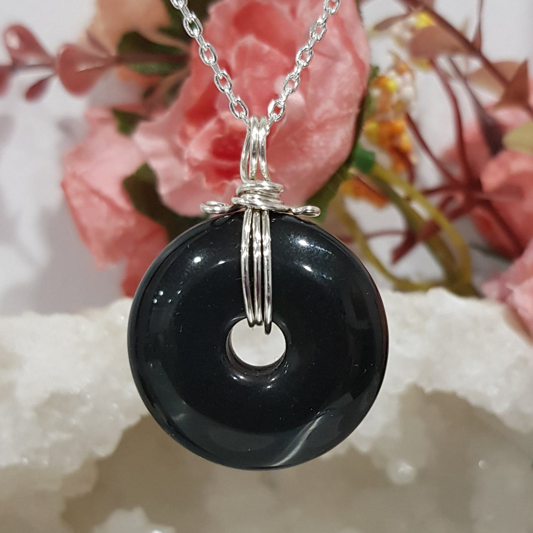 Black Obsidian crystal donut pendant silver wire wrapped 38mm (chain NOT included)  P62