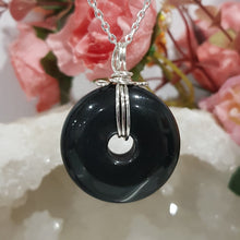 Load image into Gallery viewer, Black Obsidian crystal donut pendant silver wire wrapped 38mm (chain NOT included)  P62
