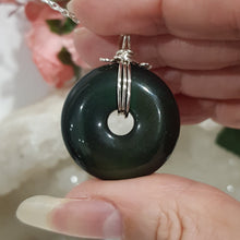 Load image into Gallery viewer, Black Obsidian crystal donut pendant silver wire wrapped 38mm (chain NOT included)  P62
