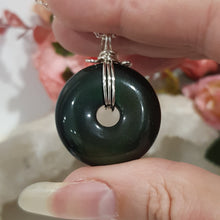 Load image into Gallery viewer, Black Obsidian crystal donut pendant silver wire wrapped 38mm (chain NOT included)  P62
