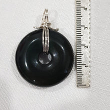 Load image into Gallery viewer, Black Obsidian crystal donut pendant silver wire wrapped 38mm (chain NOT included)  P62
