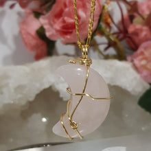 Load image into Gallery viewer, Rose Quartz crystal moon pendant gold wire wrapped 40mm (chain NOT included)  P64
