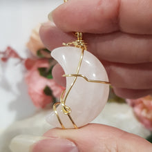 Load image into Gallery viewer, Rose Quartz crystal moon pendant gold wire wrapped 40mm (chain NOT included)  P64
