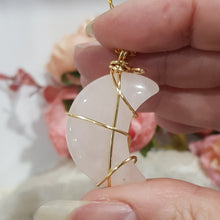 Load image into Gallery viewer, Rose Quartz crystal moon pendant gold wire wrapped 40mm (chain NOT included)  P64
