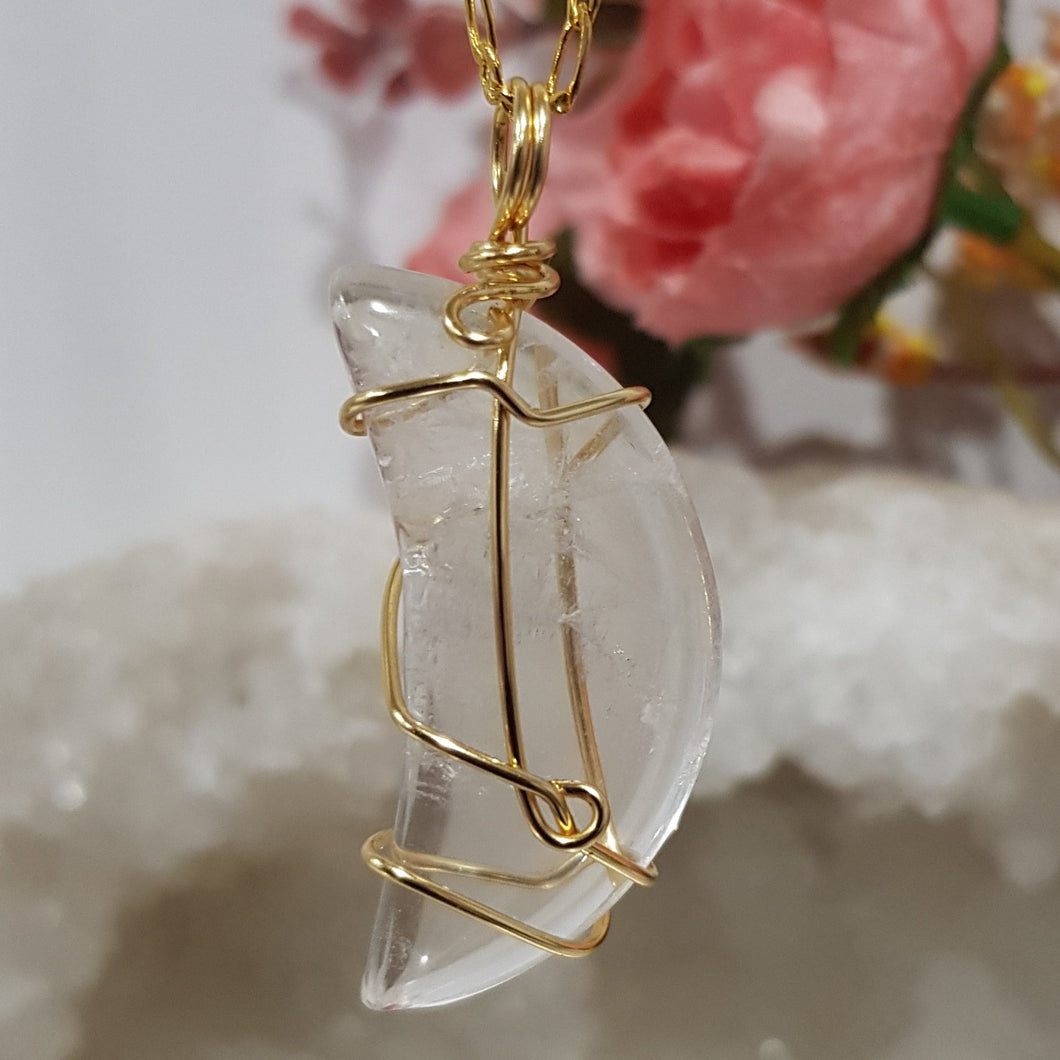 Quartz Moon crystal pendant gold wire wrapped 40mm ( chain not included) P67