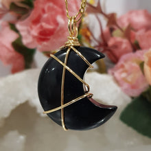 Load image into Gallery viewer, Black Obsidian crystal moon pendant gold wire wrapped 40mm (chain NOT included)  P69
