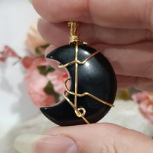 Load image into Gallery viewer, Black Obsidian crystal moon pendant gold wire wrapped 40mm (chain NOT included)  P69
