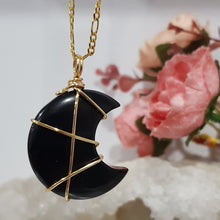 Load image into Gallery viewer, Black Obsidian crystal moon pendant gold wire wrapped 40mm (chain NOT included)  P80
