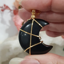 Load image into Gallery viewer, Black Obsidian crystal moon pendant gold wire wrapped 40mm (chain NOT included)  P80
