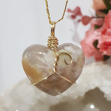 Load image into Gallery viewer, Flower Agate Crystal heart wire wrapped pendant gold 35mm ( chain not included) P77
