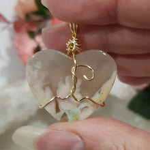 Load image into Gallery viewer, Flower Agate Crystal heart wire wrapped pendant gold 35mm ( chain not included) P77
