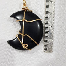 Load image into Gallery viewer, Black Obsidian crystal moon pendant gold wire wrapped 40mm (chain NOT included)  P80
