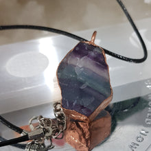 Load image into Gallery viewer, Fluorite raw crystal copper Electroformed pendant on black cord 40mm P127 - From the Earth Designs
