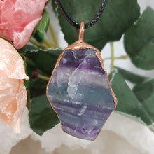 Load image into Gallery viewer, Fluorite raw crystal copper Electroformed pendant on black cord 40mm P127 - From the Earth Designs
