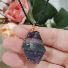 Load image into Gallery viewer, Fluorite raw crystal copper Electroformed pendant on black cord 40mm P127 - From the Earth Designs
