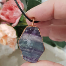 Load image into Gallery viewer, Fluorite raw crystal copper Electroformed pendant on black cord 40mm P127 - From the Earth Designs
