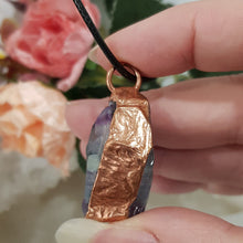 Load image into Gallery viewer, Fluorite raw crystal copper Electroformed pendant on black cord 40mm P127 - From the Earth Designs
