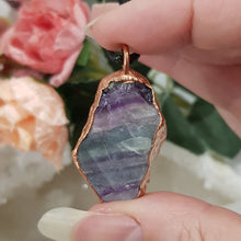 Load image into Gallery viewer, Fluorite raw crystal copper Electroformed pendant on black cord 40mm P127 - From the Earth Designs
